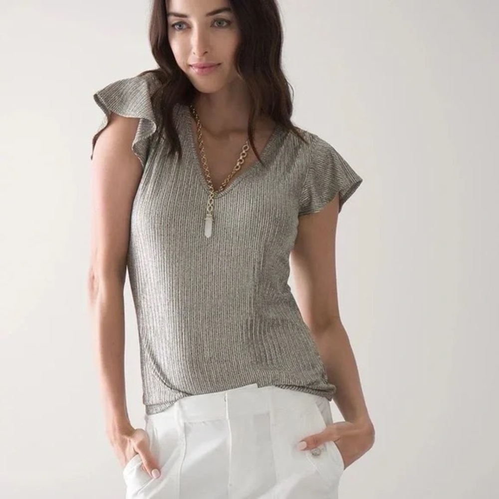 Metallic V-Neck Ruffle Sleeve Top White House Black Market